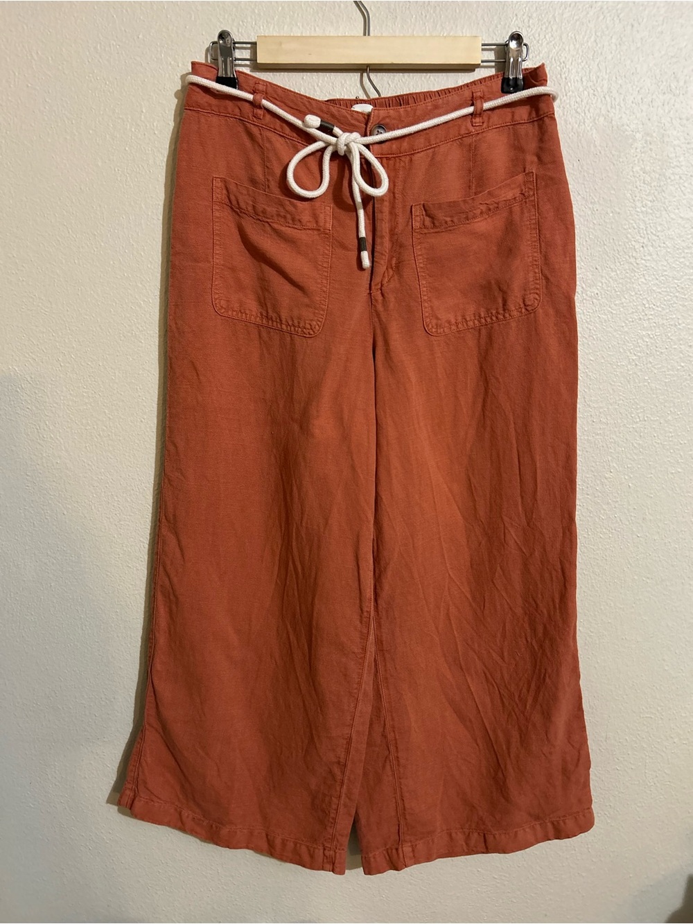 C&C California Women’s Rust Orange Belted Linen Blend Wide Leg Crop Pants Sz 8